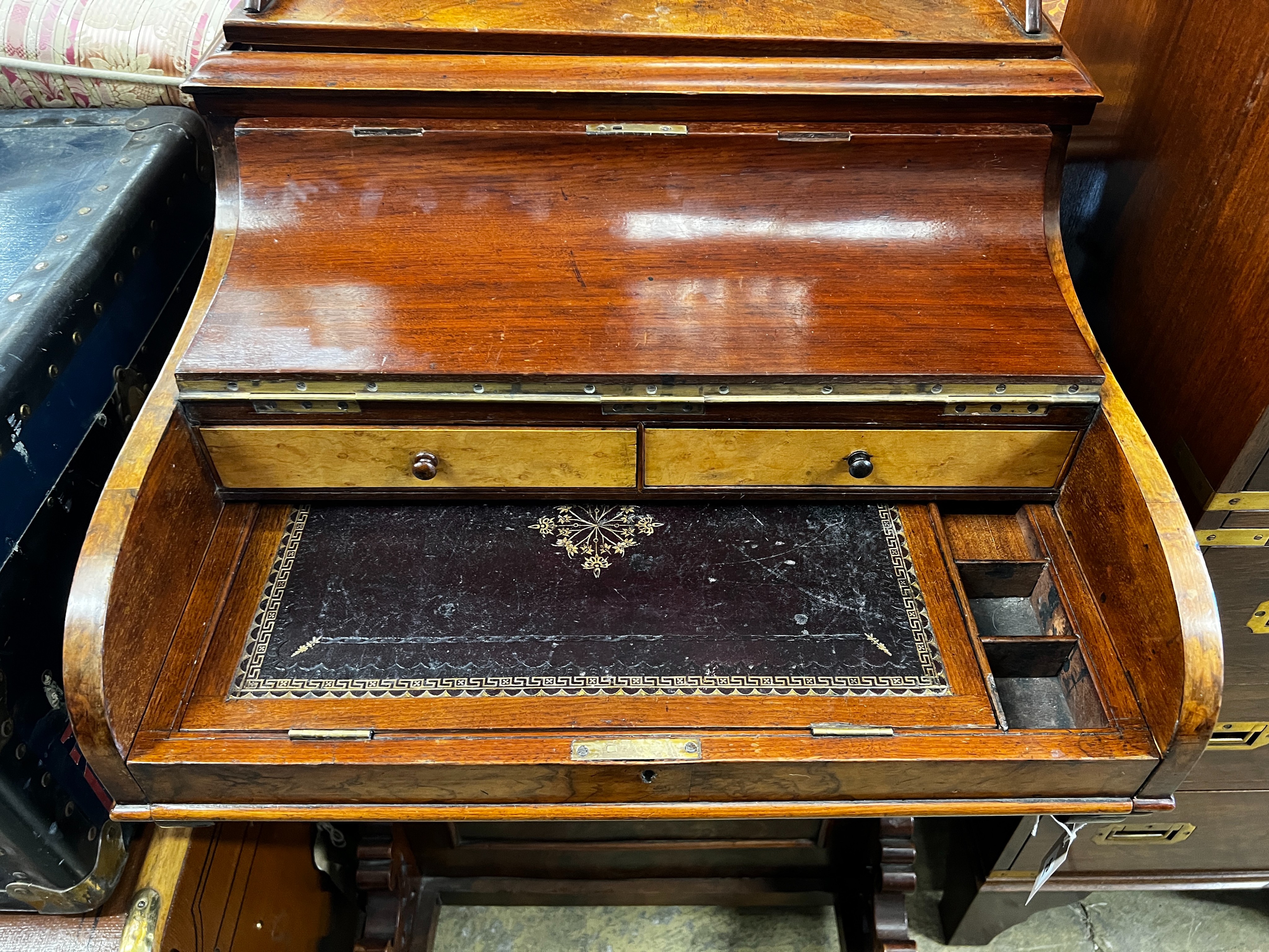 A Victorian walnut piano front pop-up davenport, width 54cm, depth 53cm, height 92cm